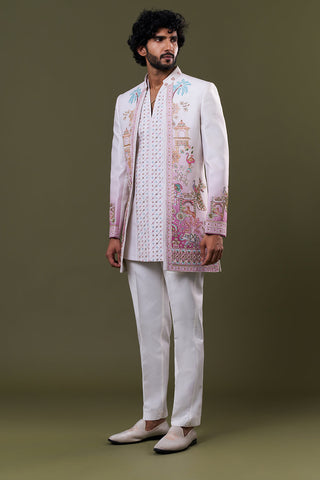 White Cotton Polyester Palace Motif Embellished Jacket Set