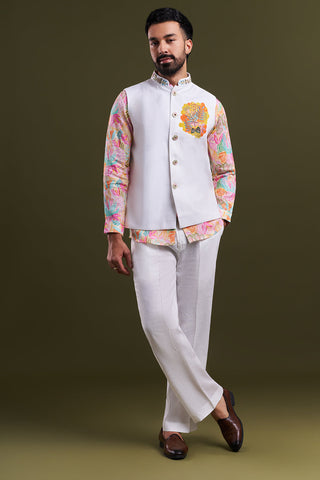 White Cotton Printed Men’s Kurta with Embellished Jacket
