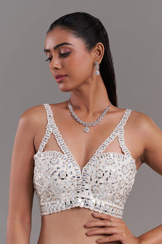 White Dupion Silk Embroidered Blouse with Mirror Work