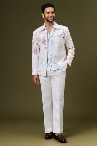 White Linen Cotton Mens Indo Western Set with 3D Flowers and Resham Work