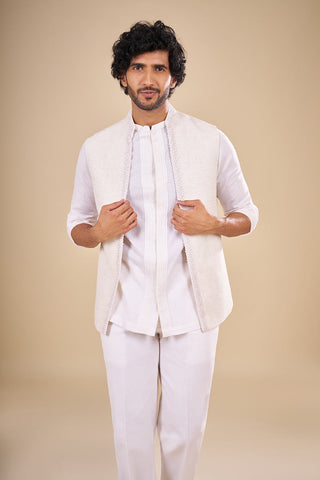 White Linen Embroidered Kurta Set