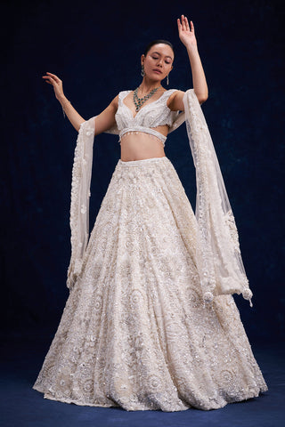 White Net Bridal Lehenga with Pearl and Sequin Work
