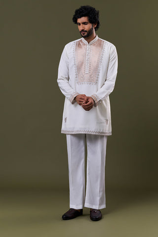 White Polyester Cotton Resham Zari Yoke Embellished Kurta Set