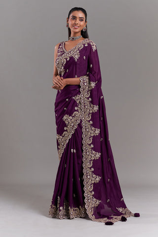 Wine Crepe Embroidered Saree with Stitched Blouse