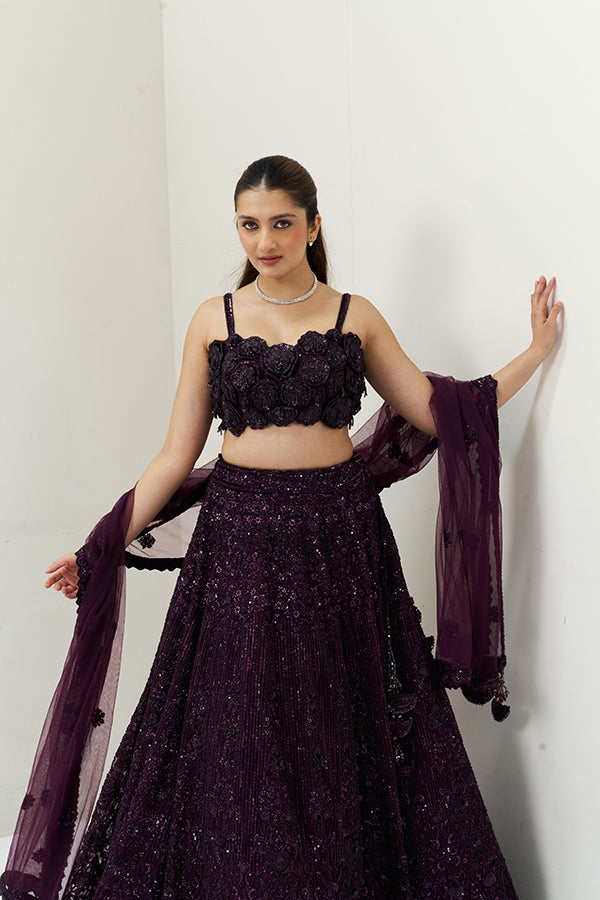 Wine Embellished Net Festive Lehenga Set