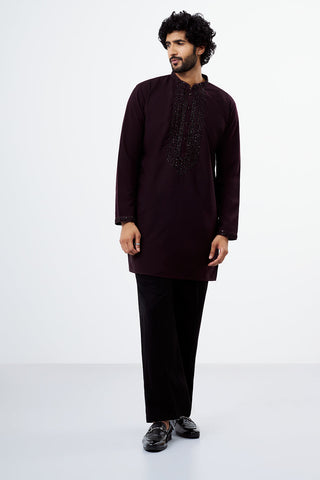 Wine Embroidered Polyester Cotton Men's Kurta Set