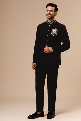 Wine Georgette Jodhpuri with Zari Medallian Motif