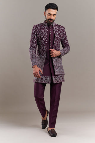 Wine Silk Blend Floral Men's Kurta with Jacket