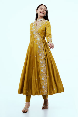 Yellow Art Silk Angrakha Suit Set with Zardosi Work