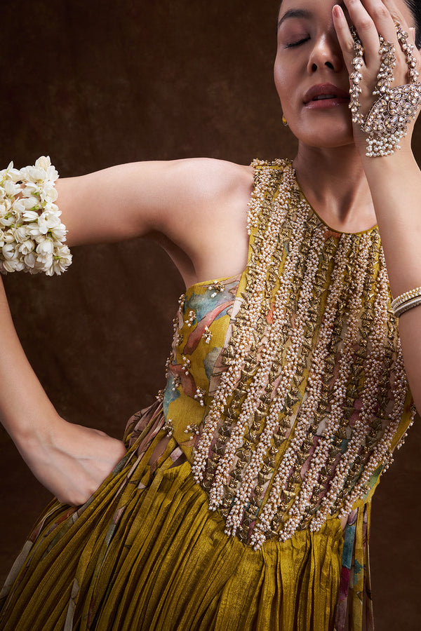 Yellow Art Silk Hand Embellished Jumpsuit