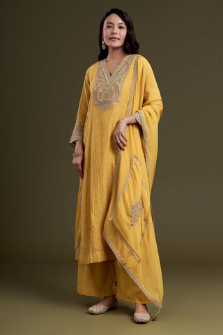Mustard Chanderi Silk Kurta Set with Zardosi Embroidery