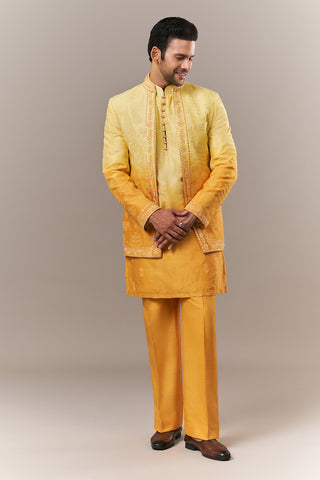 Yellow Peach Silk Mens Kurta Set with Dori and Mirror Work