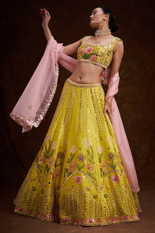 Yellow Raw Silk Contemporary Lehenga with Sequins and Acrylic Plastic Foil Work